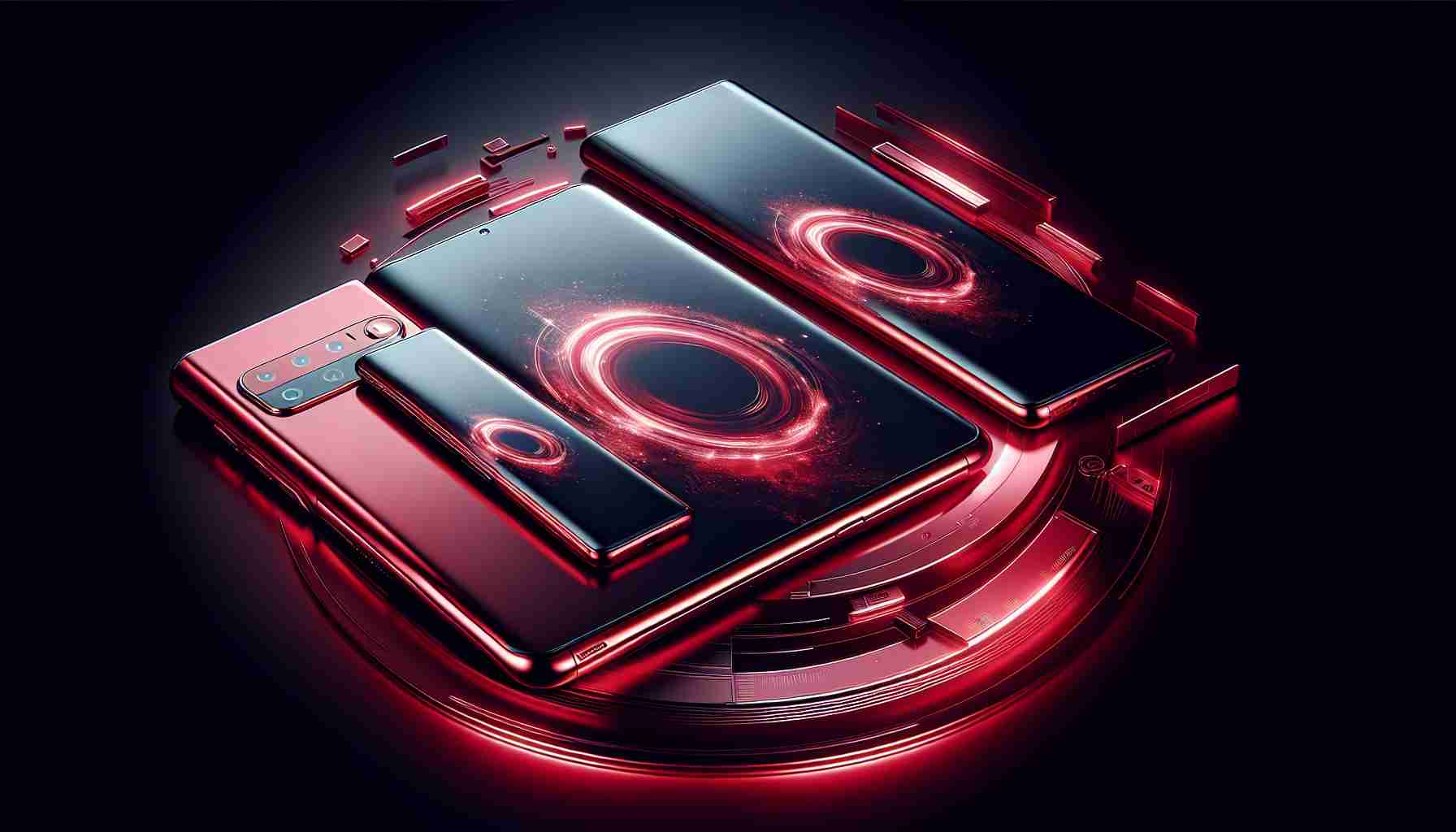 A high-definition, realistic image showcasing the latest concept of new galaxy technological devices in a red hue, redefining the boundaries of technology. The devices are elegantly designed, embodying a modern aesthetic. The striking red color gives them a unique personality, indicating their capability to revolutionize the tech world.