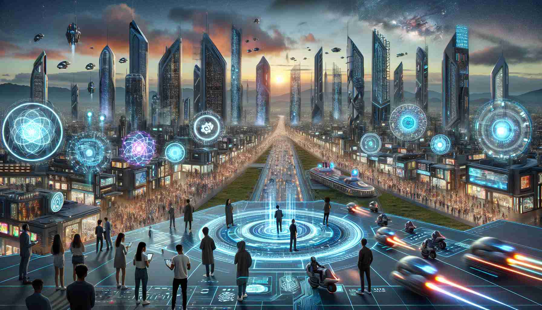 A detailed high-definition image showcasing the exploration of technology integration in the future. This sci-fi scene includes a vast array of advanced technologies integrated into a modern, futuristic cityscape with towering skyscrapers and holographic displays. Some people, both male and female of different descents such as Black, Hispanic, South Asian, and Caucasian, are seen interacting with these technologies, engaging with holographic interfaces or zooming around on autonomous hover vehicles. There should also be a clear emphasis on sustainability in this futurescape, with visible elements of renewable energy and green tech. All this under a breathtaking dusk sky, teeming with distant starships.