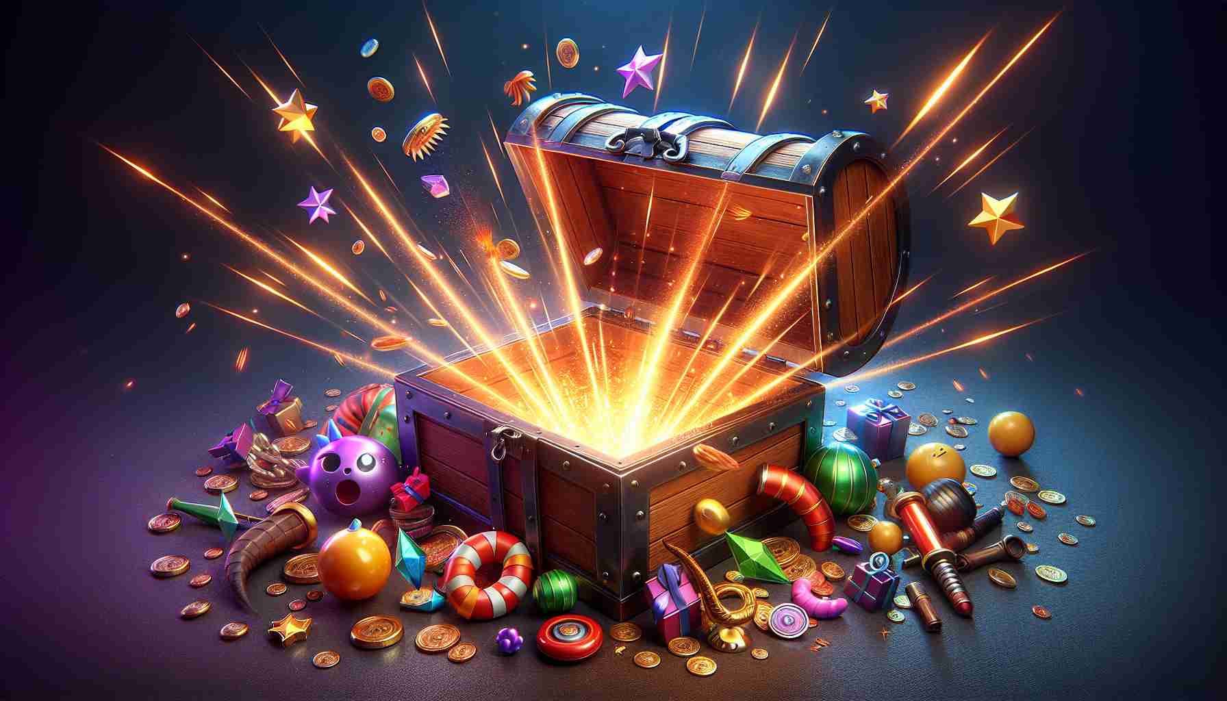 High-definition, hyper-realistic image of a virtual treasure chest bursting open, revealing a variety of items that are typically found in a popular mobile monster-catching game. The scene exudes an atmosphere of excitement and anticipation, as though one is awaiting great rewards to enhance their gaming experience.