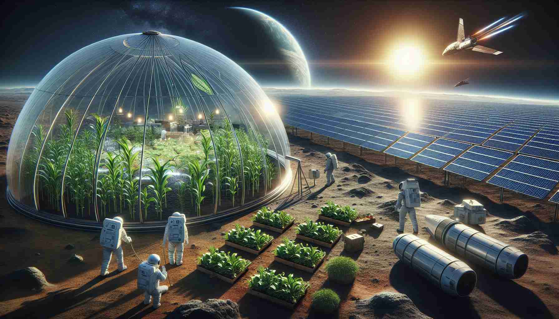 A realistic, high-definition image illustrating the concept of creating a sustainable future in space. This may feature a biodome on an alien planet, where plants and crops are being grown. A group of astronauts of different descents and genders, diligently tending to the harvested crops inside the biodome. Crisp, glossy solar panels stretch out towards the sun, absorbing its energy for the spaceship which is seen docked on the planet's surface near the biodome. Insinuating humans responsibly using resources not of our planet, ensuring the longevity of human exploration and survival in outer space.