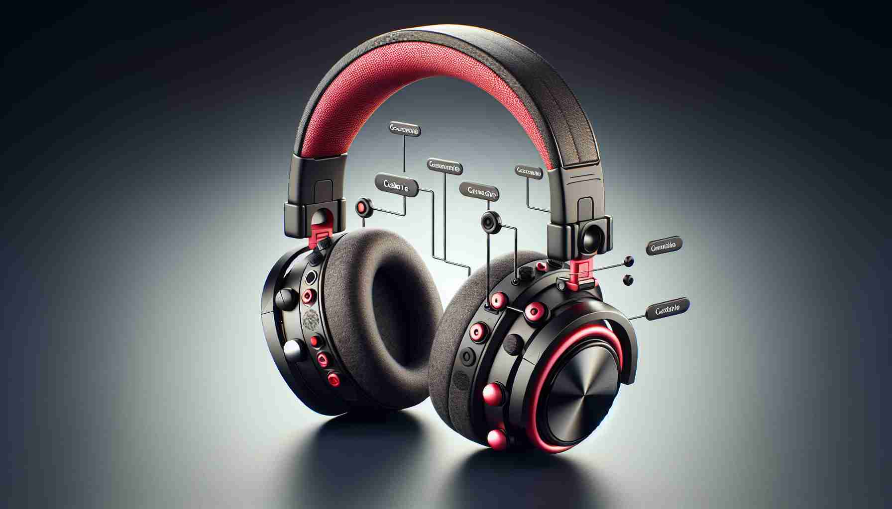 Create a realistic, high-definition image of a pair of customizable headphones. The headphones should embody personal style and uniqueness, featuring visually appealing elements that stand out and make a statement. The design of the headphones should be innovative, with elements like interchangeable parts or unique materials that highlight the concept of personal customization. Lastly, the dominant color of the headphones should be a bold, striking red, adding a touch of vibrancy and energy to the overall look.