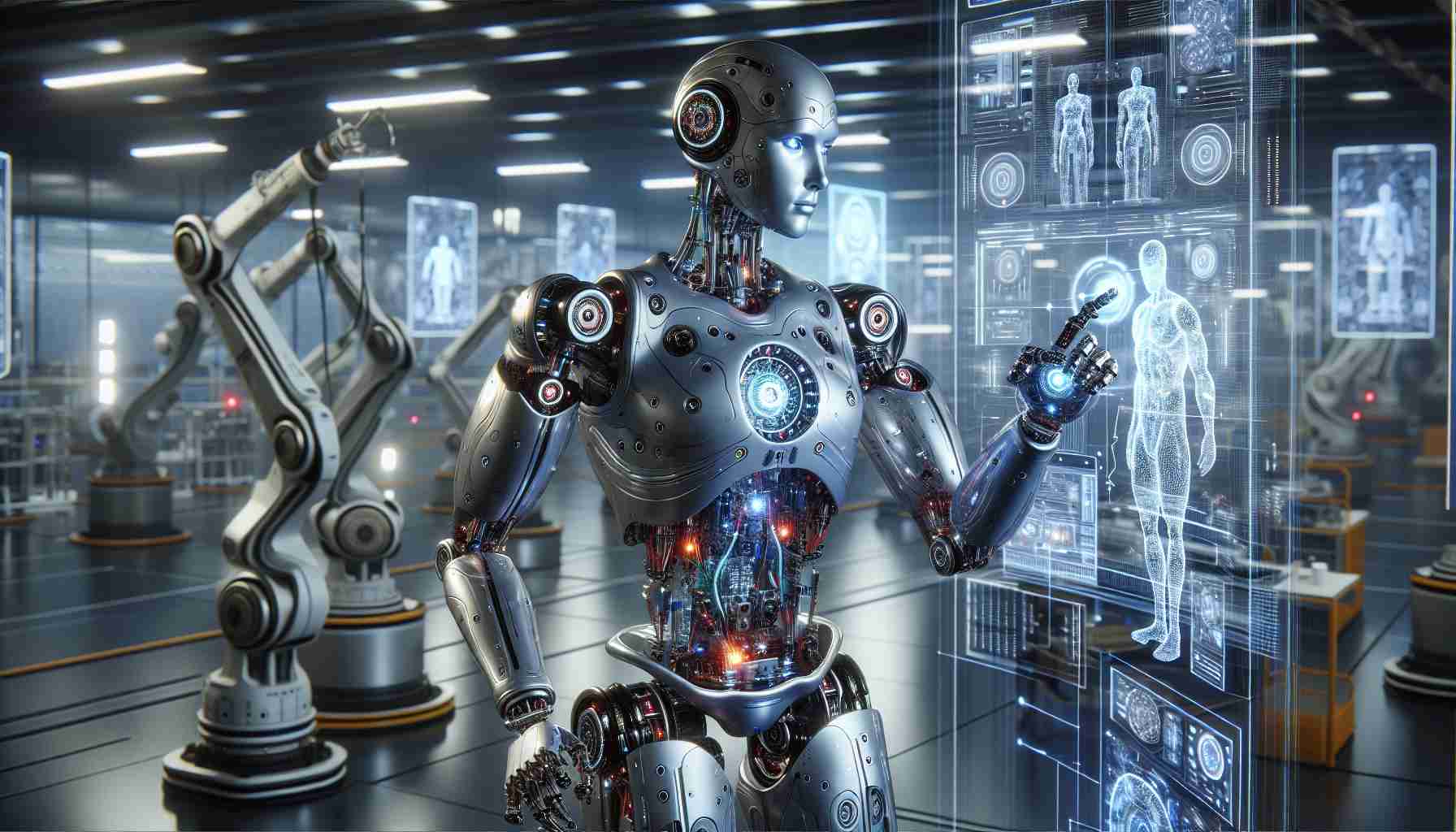 A high-definition, realistic image that represents the concept of 'Advanced Robotics: Enhancing Task Completion with Cutting-Edge Technology'. The image portrays an advanced humanoid robot with metallic silver body, intricate circuitry visible under translucent panels and LED lights embedded in key joints. The robot, in the process of manipulating complex machinery using precise movements, illustrates AI-driven task completion. In the background, a futuristic workshop filled with advanced equipment and tools like robotic arms, high-end computers, and holographic screens, indicating the cutting-edge technology at play.
