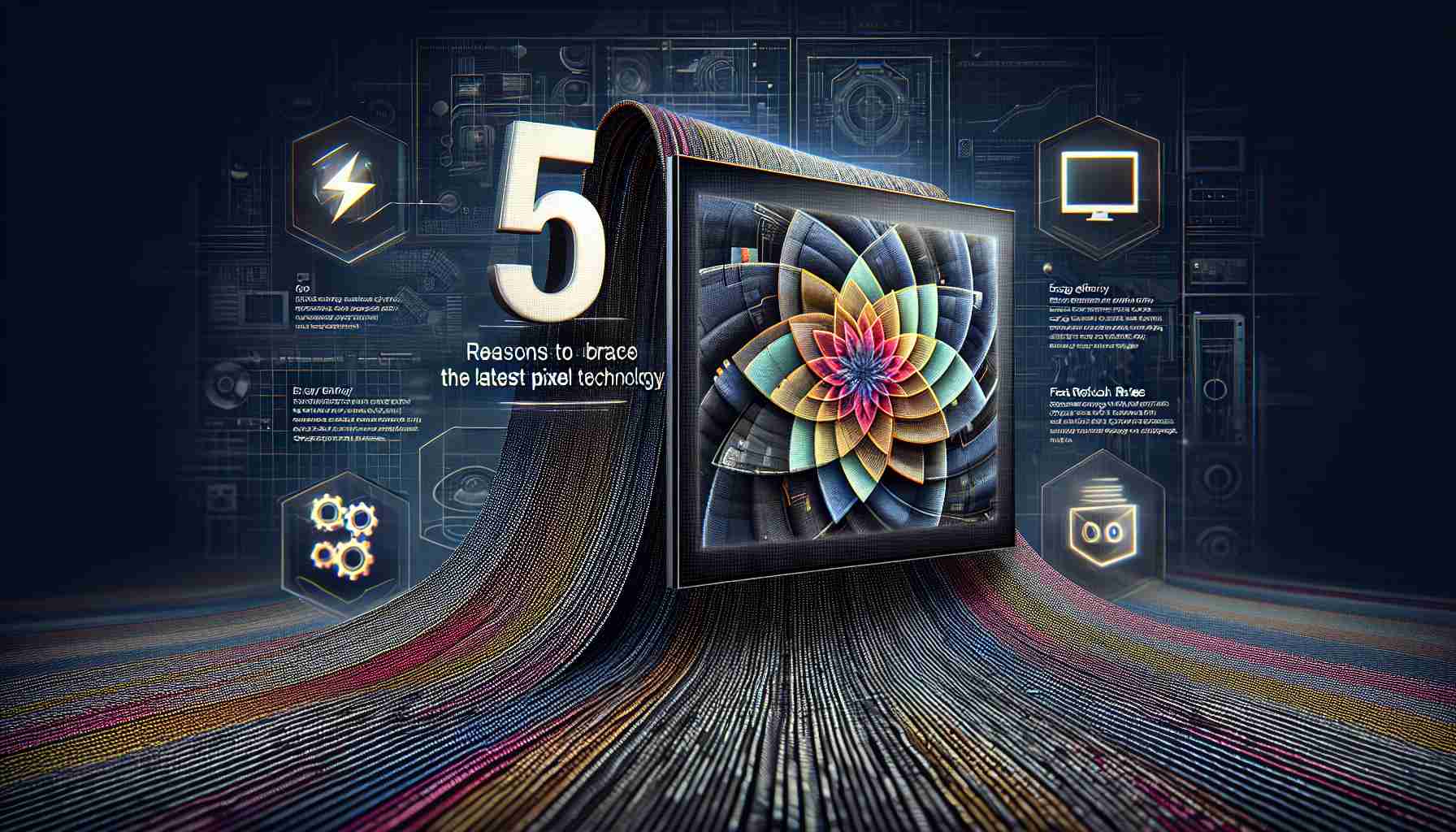 A high-definition, realistic image displaying the text '5 Reasons to Embrace the Latest Pixel Technology', perhaps over a visually interesting, digital-themed background such as an up-close view of the intricately woven fabric of the pixels on a high-end electronic display. This backdrop represents technological advancements and neatly captures the essence of cutting-edge pixel technology. Consider including five prominent points or icons related to pixel technology enhancements, such as sharper image quality, energy efficiency, improved color accuracy, fast refresh rates, and superior view angles.