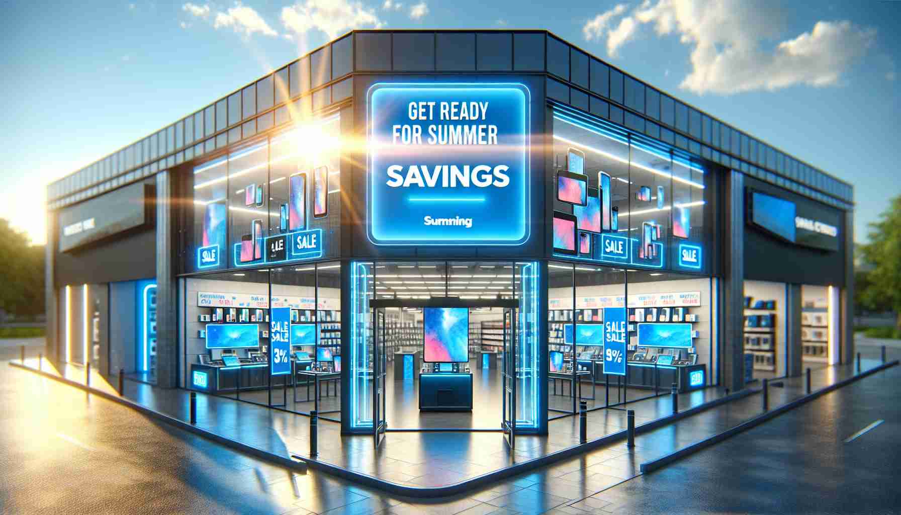 A realistic, high-definition image showcasing a promotional event with the sign 'Get Ready for Summer Savings' at a large electronics retailer. The store's signage reflects a vibrant blue theme, matching the summer sky. Inside, tech devices are neatly displayed with sale tags. Sun rays seeping through the glass doors emphasize the summer mood.