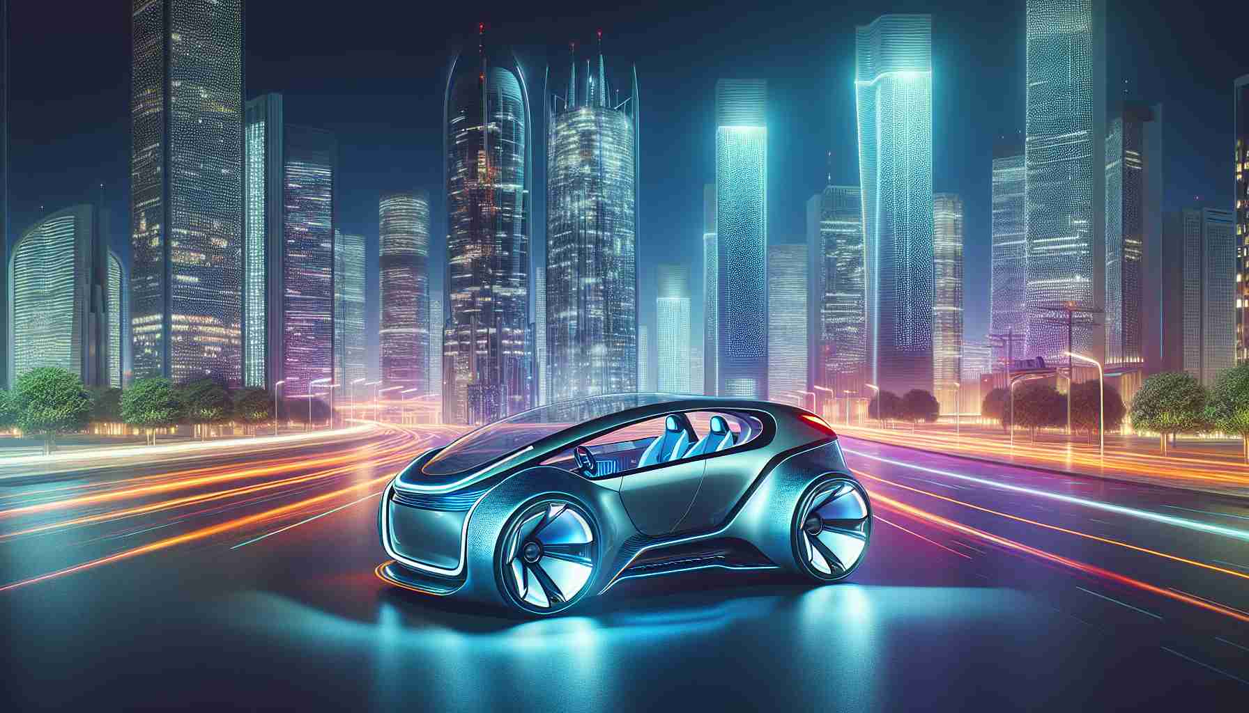 Generate a realistic high-definition image of a revolutionary concept for urban transportation, called the SwiftCity. This is an electric car designed with a sleek, futuristic approach, focusing on energy efficiency and compact design to accommodate the busy and tight spaces often found in city environments.