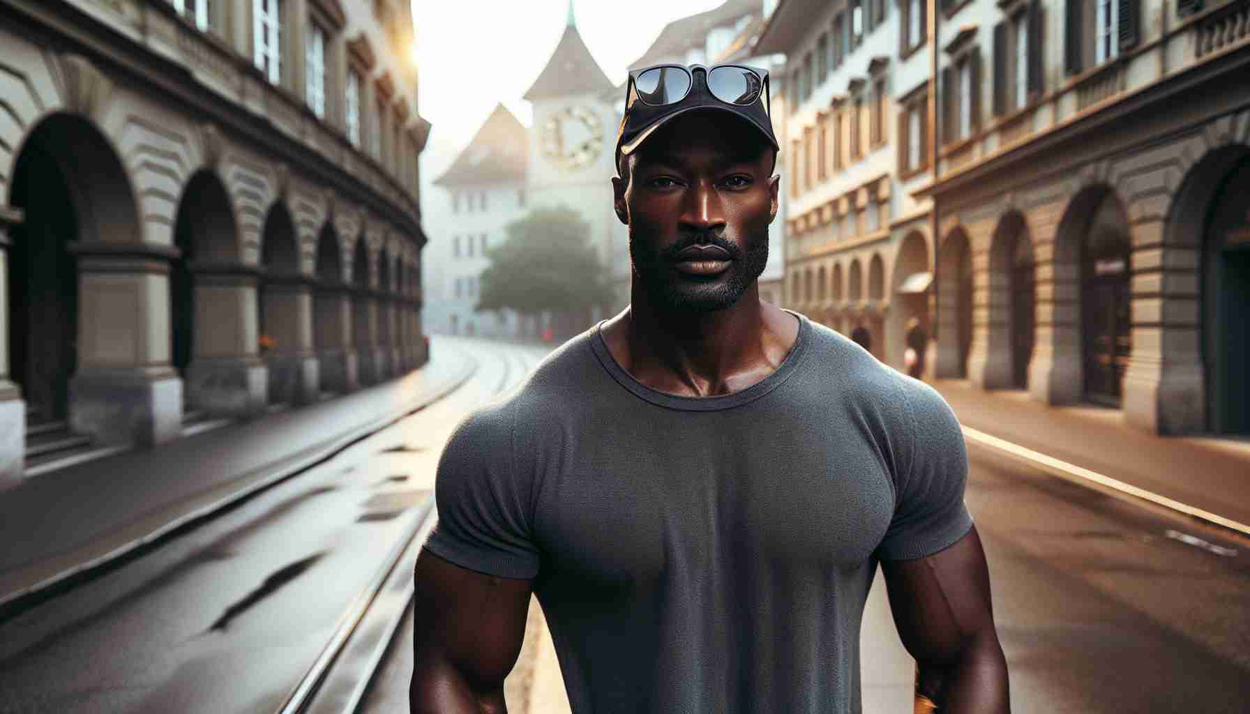 A picture of a fit, middle-aged Black man who resembles a famous actor, taking an early morning walk in Zurich, Switzerland. The street is tranquil and deserted, perfect for a peaceful stroll. The man is casually dressed, his face is partially covered by a cap, and sunglasses are perched on his face. Light fog can be seen lingering in the backdrop, and the sun is only just beginning to break, casting long shadows and a soft golden glow on the cobblestone streets and baroque buildings.