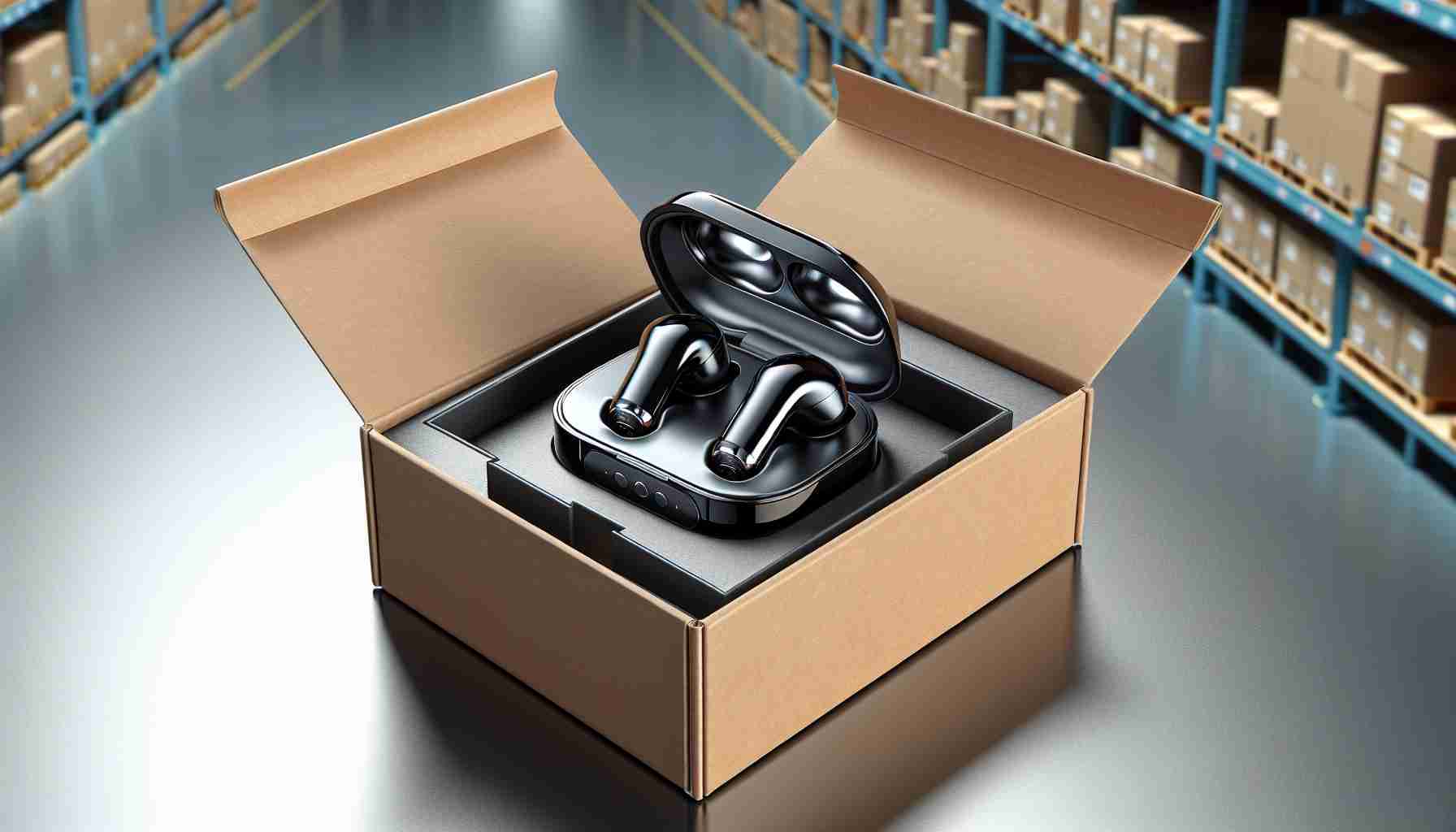 A realistic, high-definition image of a pair of top-tier wireless earbuds. The earbuds are sleek, with a brilliant glossy finish. They are nestled in an open premium packaging box, designed with elegance and luxury. The box implies a just-resumed shipping process, placed on a smooth surface with a background suggesting a logistic environment such as a distribution center.