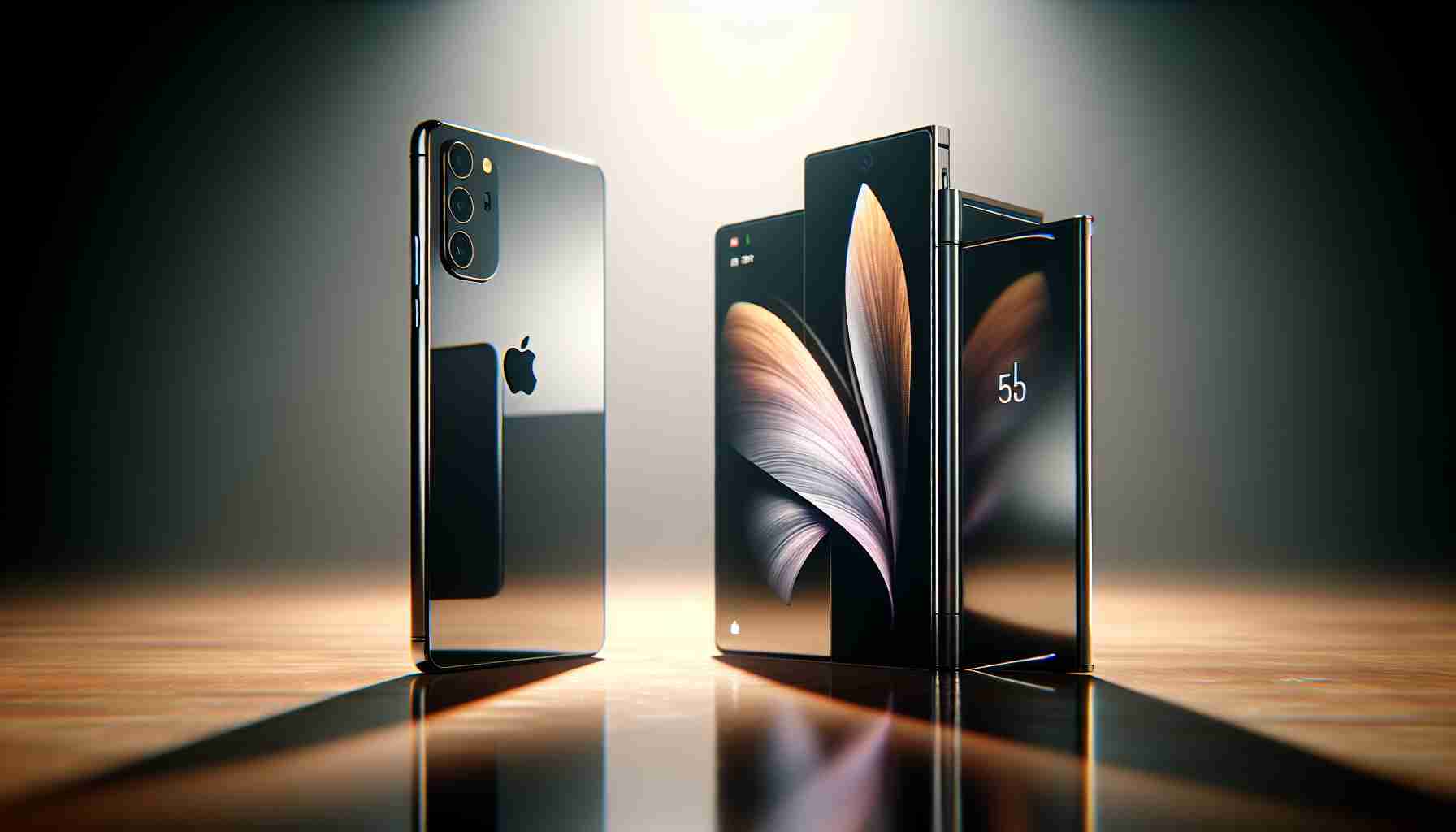 High definition realistic image of two flagship smartphones side by side. On the left is a sleek, apple-designed smartphone that can be associated with futuristic and revolutionary features with interpretation of 15th iteration's look. On the right is a flexible, foldable smartphone that represents modern and sophisticated technological advancements captured as the interpretation of fifth version. Both are placed on a polished wooden table that reflects their gleaming surfaces, under a soft, warm light. The ambiance spells out an intense rivalry, showcasing a 'Camera Showdown' between these two representative devices.