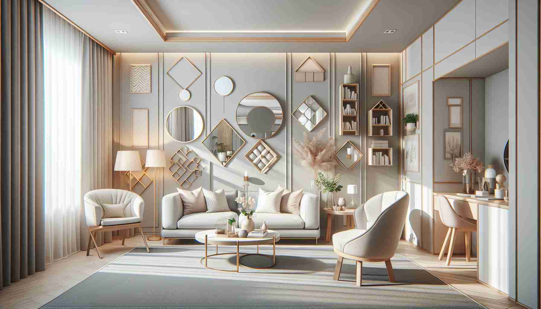 Create an image of a beautifully arranged room showcasing home decor techniques that expand the spatial perception. Include elements such as use of light colors for walls and furniture, strategic placement of mirrors to reflect light and give depth, minimalist furniture to prevent clutter, and vertical shelving to take advantage of wall space. Please render it in high definition for a realistic and sharp look.