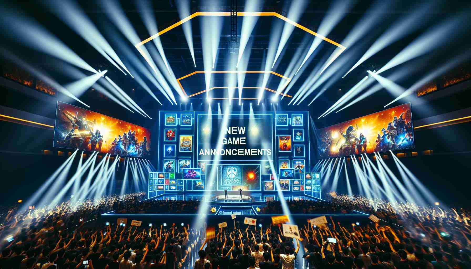 A highly detailed and realistic image presenting new game announcements at a recent showcase event. The picture captures a lavish stage brightly lit with multiple spotlights and large LED panels displaying game graphics and logos. There is a dynamic effect of anticipation in the air. The audience members are holding up signs, some are waving glow sticks, and many are excitedly discussing the upcoming reveals. The atmosphere is one of excitement, anticipation, and fanfare, truly embodying the spirit of gaming conventions.