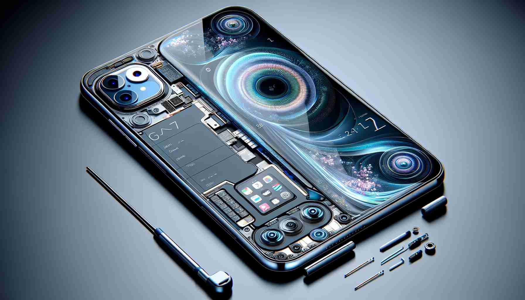 High-resolution, detailed depiction of a fictional, technologically advanced smartphone model 'iPhone 17'. The illustration should feature cutting-edge, innovative, and futuristic design elements and features, akin to the way one might expect world-class smartphone developers to design their future iterations. Please also include visual cue for the new, exciting features such as possibly a larger outstanding display, high-quality cameras, refined body structure, perhaps even unseen yet imaginative features on a smartphone.