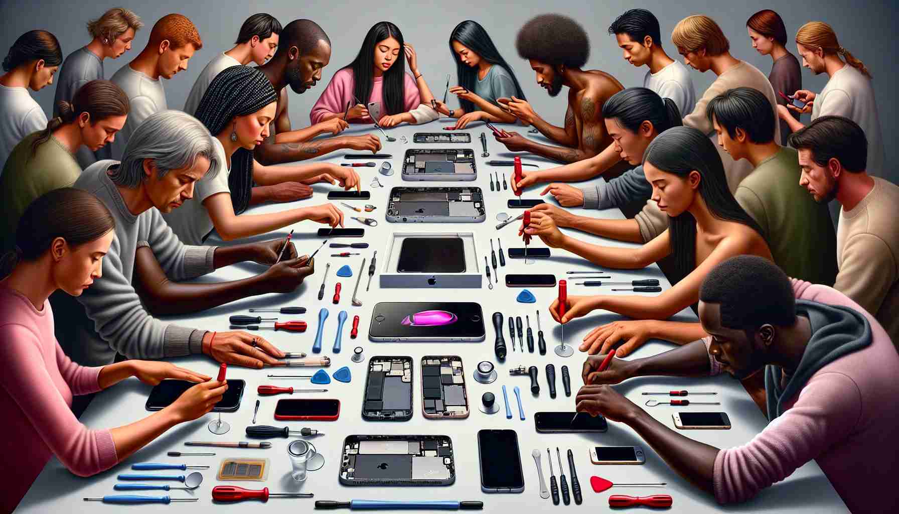 Realistic, high-definition image depicting a diverse group of individuals using various self-service repair tools on their iPhones. The scene could incorporate individuals of different descents such as Caucasian, Hispanic, Black, Middle-Eastern, and South Asian, each demonstrating their skills with screwdrivers, spudgers, and suction cups. The expression on their faces should communicate a sense of empowerment and self-reliance. The devices they're repairing could range from older models to the latest versions of iPhones. Underlying all this should be a context of a clean, well-lit workspace with the tools neatly arranged.