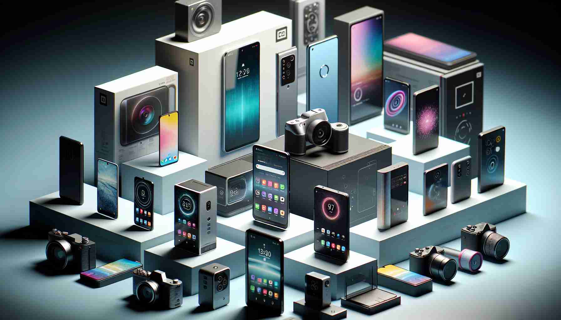 Produce a highly detailed and realistic image of a scene where new smartphone models have just hit the market. A variety of modern smartphones of different shapes and sizes should be displayed, each with sleek designs and the latest features. The phones could have various screen sizes, camera placements, and color schemes to denote their different models. Some phones could be on display stands, while others may be depicted in boxes that pertain to their packaging. A few close-ups of the smartphones' innovative features and design elements could be included as well.