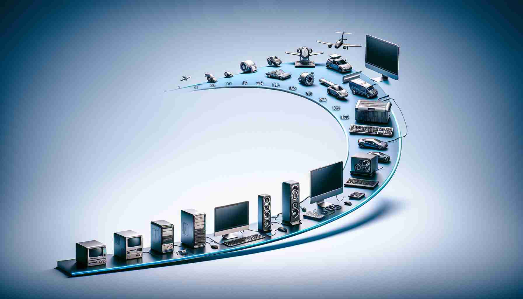 Create a highly realistic, high-definition timeline-style image showing the evolution of a small, compact desktop computer. The journey should illustrate an initial simplistic design transforming through various stages of enhancement and innovation, ultimately arriving at a sleek, advanced version of the compact desktop. Graphical elements should showcase the gradual changes and improvements in design, hardware and technology adaptability over time.