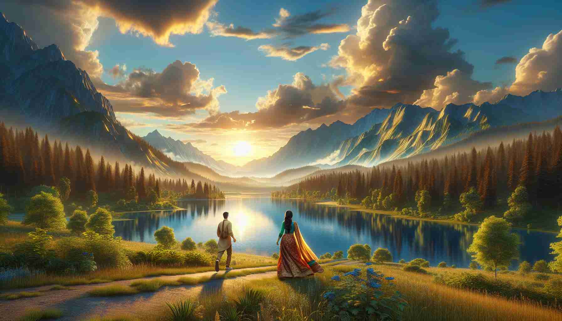 Realistic high-definition image of a landscape featuring scenic mountains shrouded in clouds, a serene lake reflecting the azure sky, and a vast verdant forest teeming with biodiversity, under a stunning sunset casting a warm golden hue over everything. A couple is taking a leisurely walk along the lakeside path, the woman of South Asian descent is striding gracefully in a vibrant traditional dress, while the man of Hispanic descent has donned casual attire, both thoroughly enjoying the wilderness.