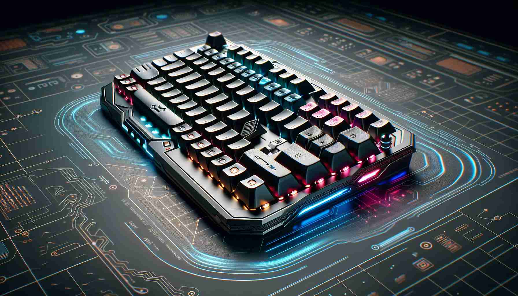 Generate a realistic high-definition image of a cutting-edge keyboard known for its groundbreaking innovations. This keyboard, nicknamed 'EliteMech Vortex' should evoke the sense of being elite in terms of technology. It should feature advanced mechanical keys, multi-colored backlighting, and additional buttons for customized gaming controls, embodying the forward progression and futuristic revolution in the gaming accessories industry.