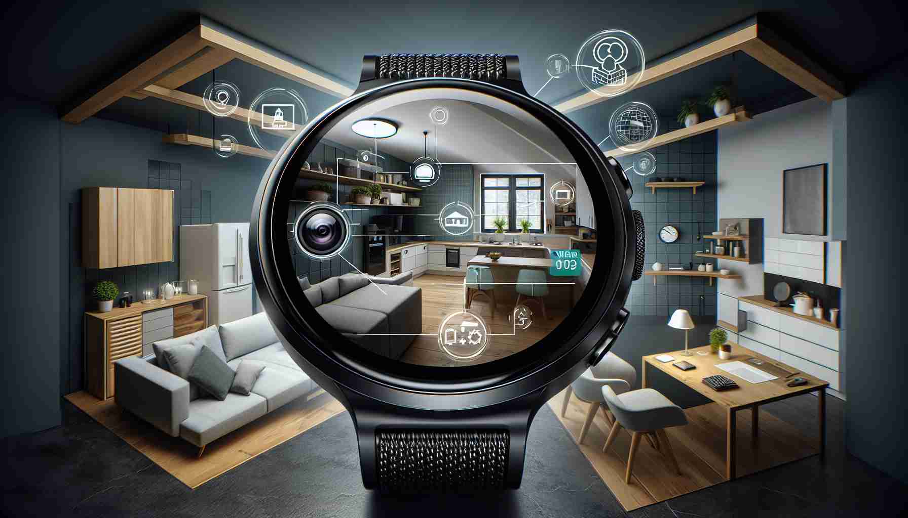 Create a detailed HD image displaying the concept of enhanced smart home monitoring through live camera feeds on a Wear OS device. The scene should depict a neatly arranged modern home environment seen through the screen of a smartwatch. The watch screen should show live video feeds of different rooms in the house including the living room, kitchen, and bedroom. High-tech surveillance symbols or imagery can be incorporated into the design to emphasize the smart monitoring aspect.