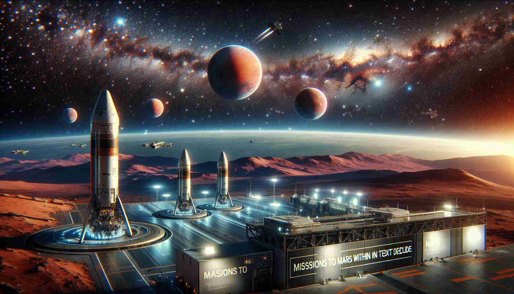 Vivid and realistic high-definition rendering showcasing the envisioned future of space exploration. Depict multiple spacecrafts, designed with modern technology, preparing for launch at a spaceport. The majestic backdrop of space, speckled with distant stars and galaxies, frames this scene. Mars, a distant red dot, symbolizes the goal of these future missions. Include a banner or sign nearby, boldly declaring the phrase 'Missions to Mars Within the Next Decade', indicating the ambitious plans of this anonymous space company.