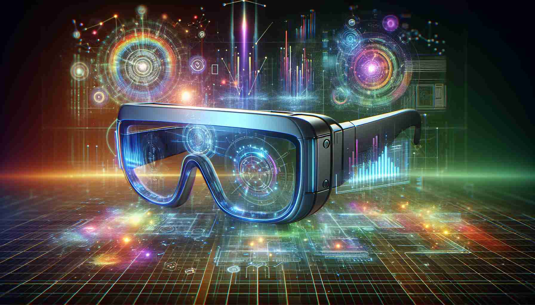 Generate a high-definition, realistic rendition of a visionary interpretation of the future of augmented reality. The centerpiece of the composition is a technologically advanced pair of AR glasses, dubbed 'Spectra.' In this depiction, they are revolutionizing the way humans interact with the digital world, showcasing vibrant holograms and data displays.