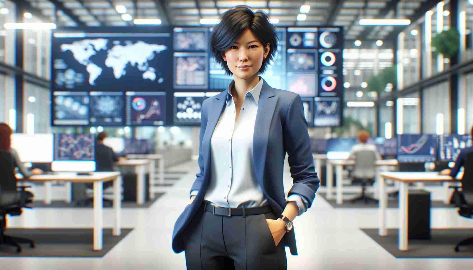 Realistic HD photo of a hypothetical New Chief Technologist and Innovations. The individual is Asian female, in her late 40s, with short black hair, wearing smart-casual attire consisting of a blue blazer, white blouse, and black trousers. She stands in a modern, brightly lit office setting filled with innovative tech gadgets and large screen monitors showcasing data and graphs.