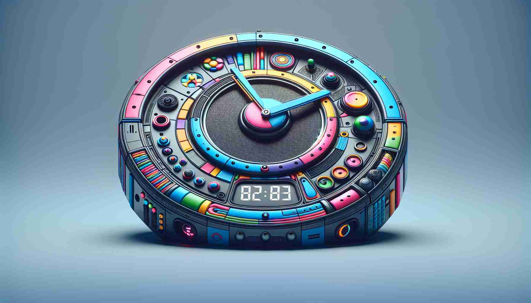 Generate a realistic high-definition image of a concept called 'Playful DreamTime Clock', inspired by a hypothetical gaming company. The clock should be designed with vivid colors and incorporate elements signifying play and dreams. It might have a futuristic look with sleek curves, elaborate buttons, a large digital display and perhaps a few gaming controls. The background can be non-distracting, helping to keep the focus on the clock.