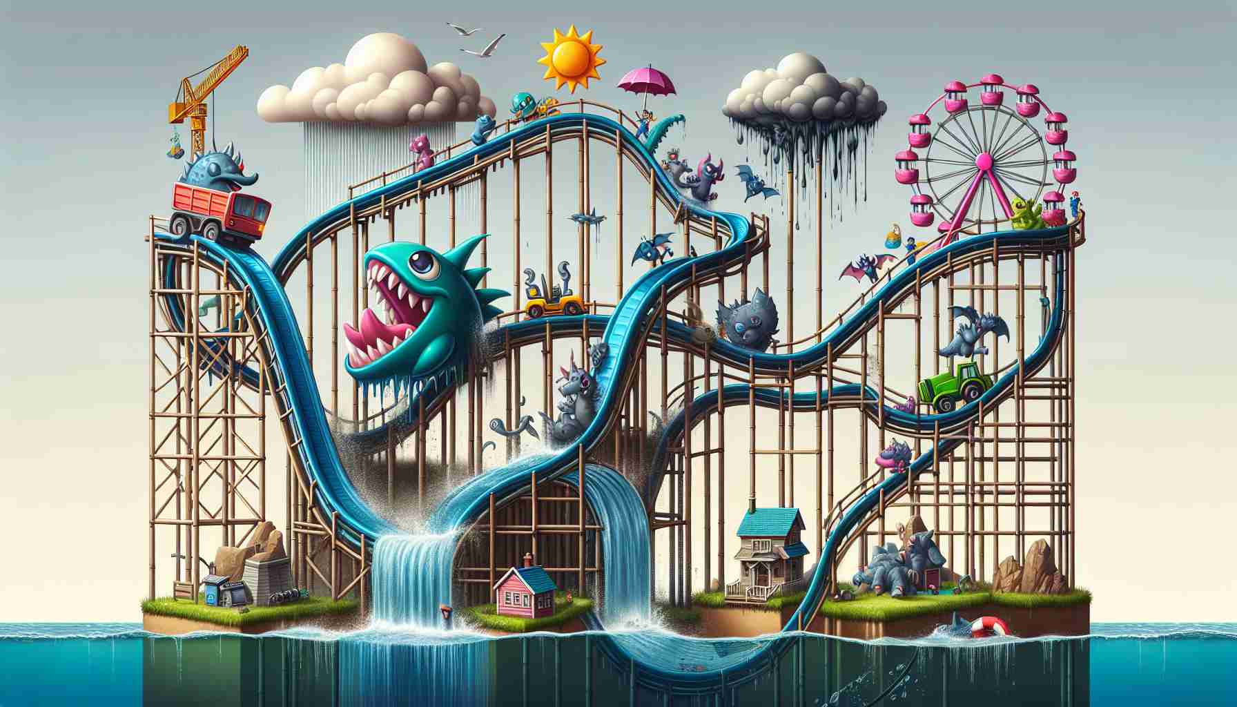 Create a realistic high-definition image that metaphorically illustrates the uncertain future of a popular fictional monster collecting game. Include elements such as a rollercoaster ride going through high and low points, with representations of leaks as water escaping from sections of the track.