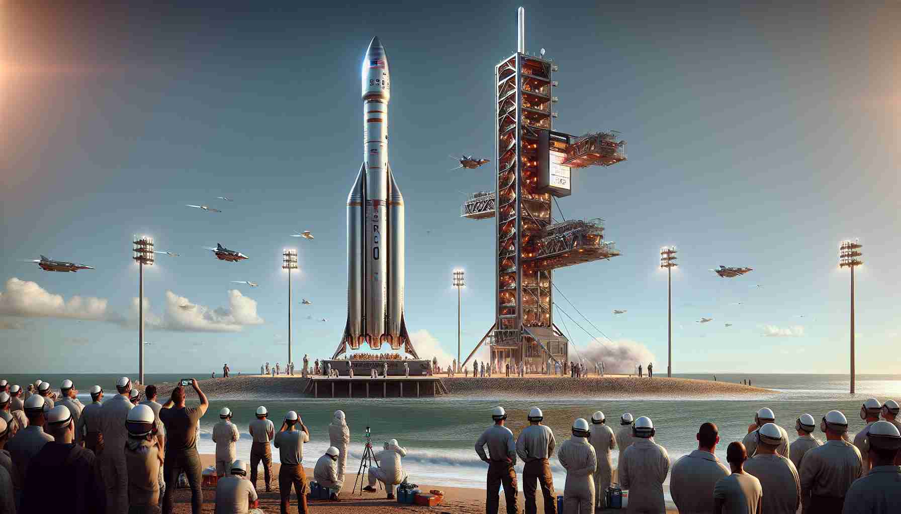 A highly realistic, high-definition image depicting the era of reusable rockets, which revolutionized space travel. There's a clear, bright sky in the backdrop. The focal point is a technologically advanced, sleek reusable rocket standing tall on a launch pad. At the base, engineers, of various descents and genders, are conducting final checks. A countdown timer is visible on a nearby digital board, creating a sense of anticipation. The scene is set near the ocean, with spectators eagerly watching from a safe distance, their faces a mixture of awe and excitement.