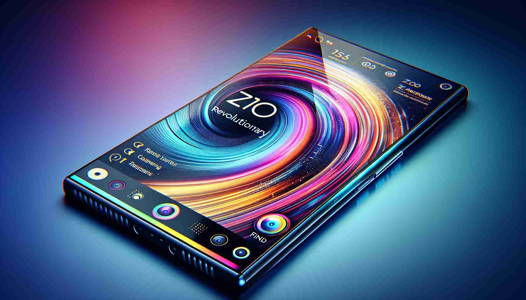 Generate a realistic high-definition image of a futuristic revolutionary smartphone from an imaginary company. The phone should have a model number of Z10 and be part of a Series called Find. Visual features should include a sleek design, ultra-thin bezels, a large, vibrant display, and multiple high-quality camera lenses at the back. The colors in the image should be vivid and appealing.