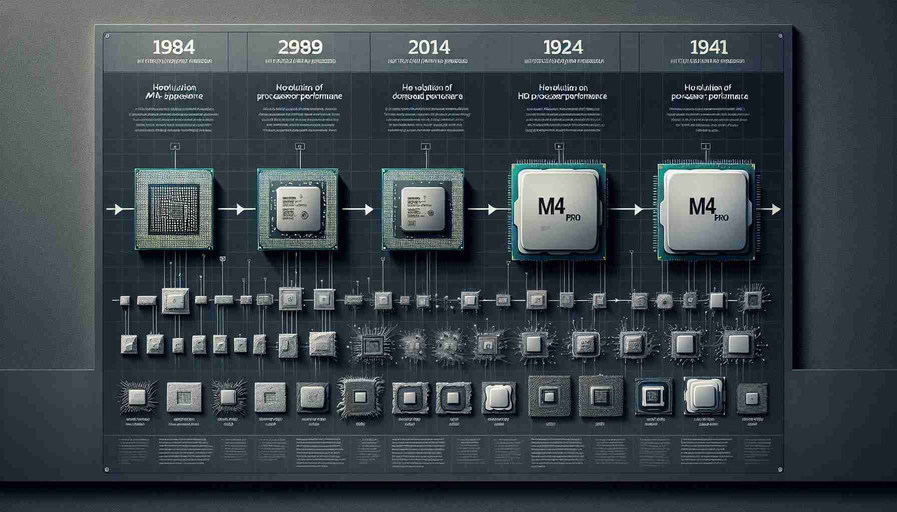 An in-depth and realistic HD illustration of the evolution of processor performance. Showcase a timeline with four distinct stages, each featuring a detailed image and brief description. Please start the sequence with an older, less complex processor, then advance through more advanced designs, and finally culminate with the M4 Pro processor. Detail the impressive leap the M4 Pro made over its predecessors, emphasizing its groundbreaking performance and innovative features.